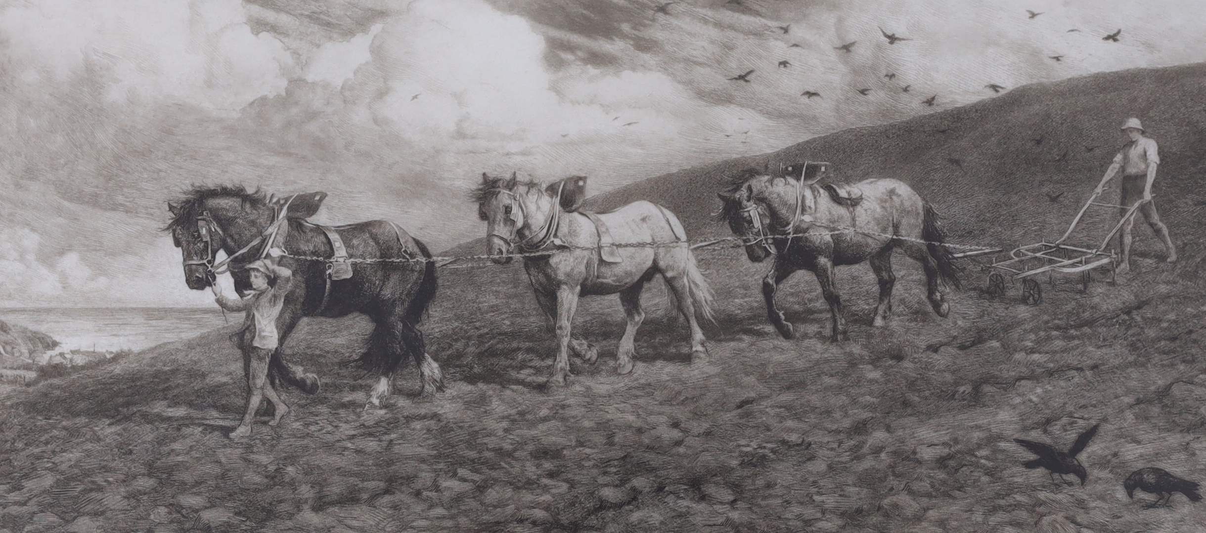 Herbert Dicksee (1862-1942), etching, ‘Against Wind and Open Sky’, signed in pencil, publ. 1900, Frost & Reed, Dunthorne & Brown inscribed label verso, 28 x 58cm